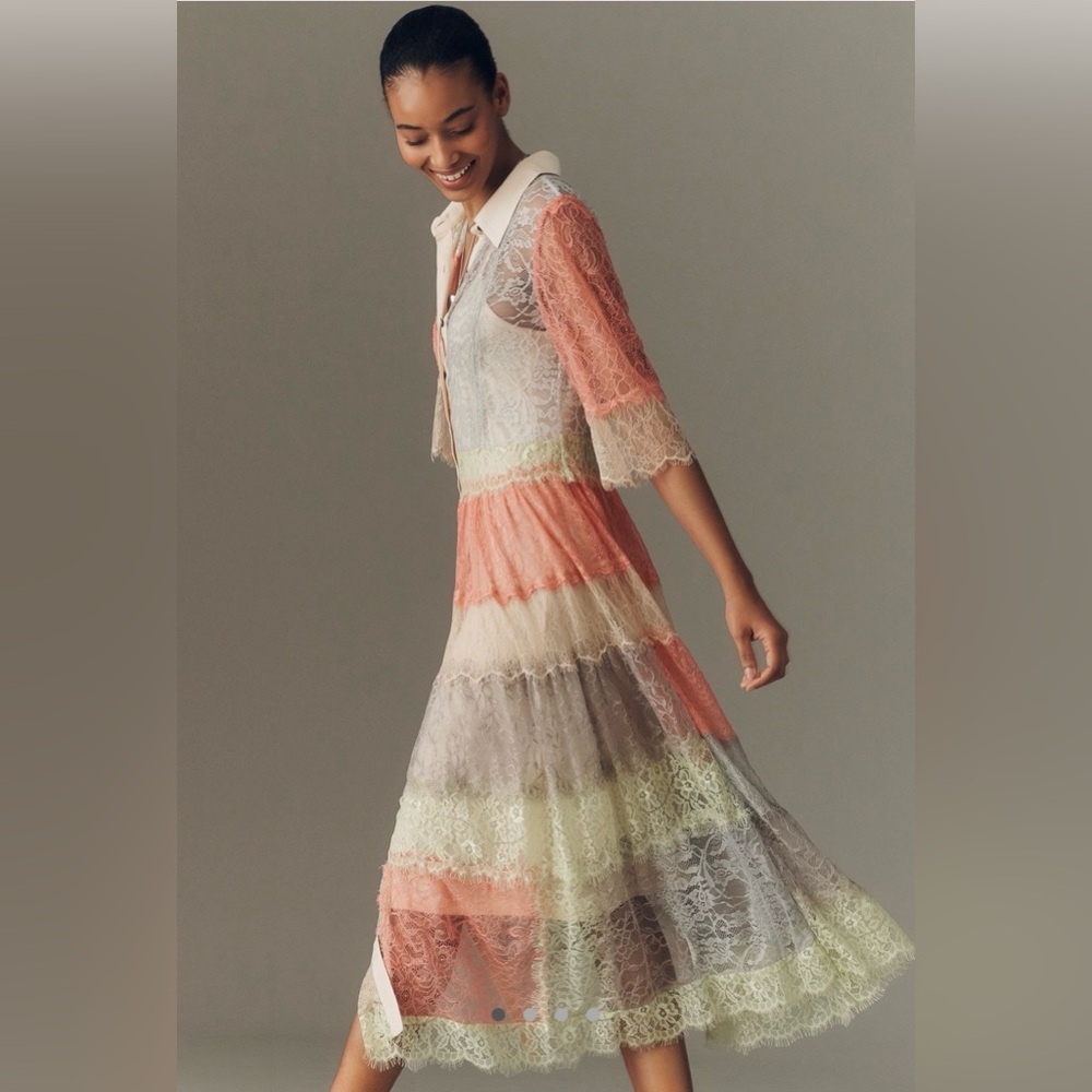 NWT Anthropologie Bl-nk Elegant Multicolor MIDI Lace Shirt Dress
